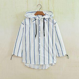 3/4-sleeve Striped Hooded Shirt