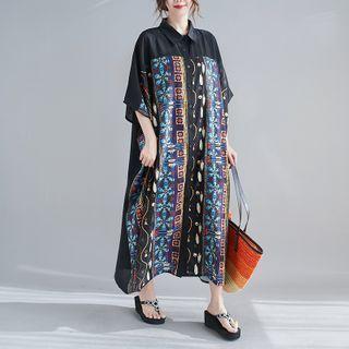 Elbow-sleeve Print Midi Shirtdress