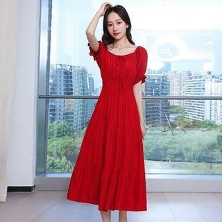 Short-sleeve Smocked Panel Midi A-line Dress