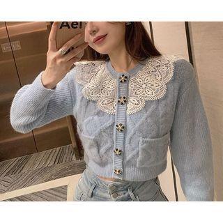 Lace Collar Cardigan Blue - One Size