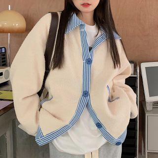 Striped Panel Single-breasted Fleece Jacket Off-white - One Size