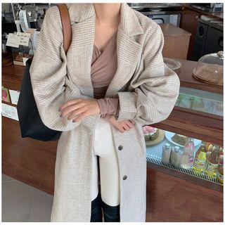 Lantern-sleeve Single Breast Plaid Long Coat As Shown In Figure - One Size