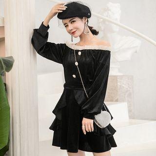 Set: Off Shoulder Long-sleeve Velvet Top + A-line Skirt