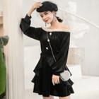 Set: Off Shoulder Long-sleeve Velvet Top + A-line Skirt