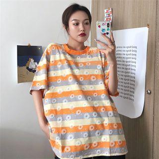 Striped Flower Print Elbow-sleeve T-shirt
