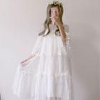 Set: Floral Applique Mesh 3/4-sleeve A-line Midi Dress + Strappy Dress