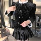 Velvet Button-up Jacket / Mini A-line Skirt