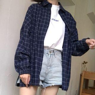 Slit-side Plaid Long-sleeve Shirt