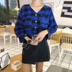 V-neck Long-sleeve Plaid Shirt