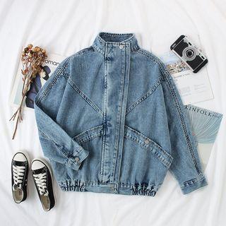 Buttoned Mock Neck Denim Jacket