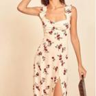 Ruffled Straps Rose Pattern Side Vent Dress