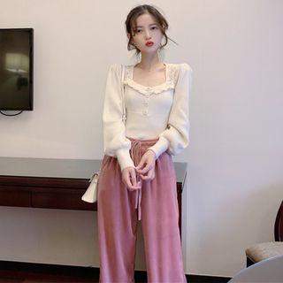 Lace Trim Square-neck Long-sleeve Knit Top Almond - One Size