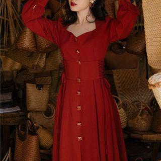 Long-sleeve Waist Belt A-line Dress