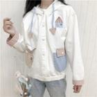 Embroidered Color Block Hooded Button Jacket White - One Size