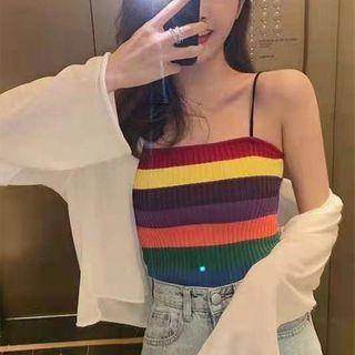 Spaghetti Strap Color Block Knit Top Color Block - Red & Yellow & Purple - One Size