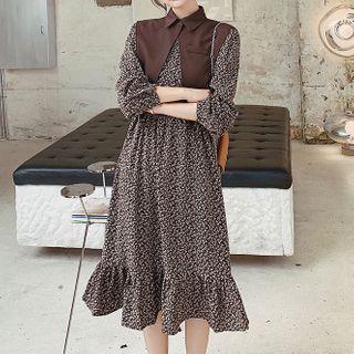 Long-sleeve Mock Two-piece Floral Print Midi Dress