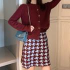Plain Cardigan / Houndstooth A-line Skirt