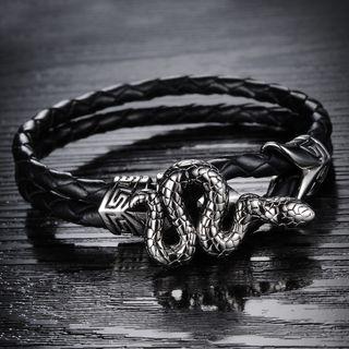 Stainless Steel Snake Faux Leather Layered Bracelet 870 - Bracelet - One Size