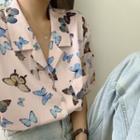Butterfly Print Short-sleeve Blouse As Shown In Figure - One Size