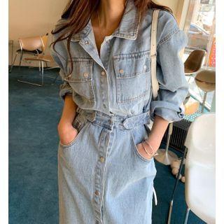 Single-breasted Pocket Denim Long-sleeve Dress
