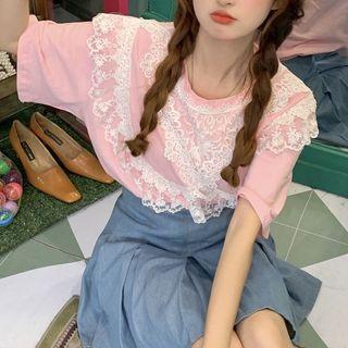 Short-sleeve Lace Trim T-shirt / Gingham Check Pants