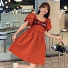 Puff-sleeve Square-neck Print Mini Dress