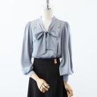 Button-up Tie-neck Blouse / Midi A-line Skirt