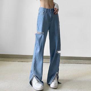 Distressed Beaded Loose Fit Jeans