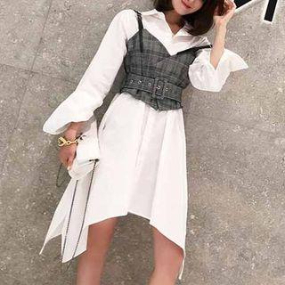 Set: Plain Shirt Dress + Plaid Camisole Top