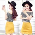 Set: Off-shoulder Stripe T-shirt + Tassel Hem Skirt