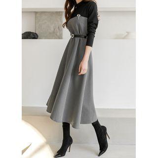 Contrast-panel Houndstooth Long Flare Dress With Belt Black - One Size