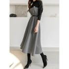 Contrast-panel Houndstooth Long Flare Dress With Belt Black - One Size