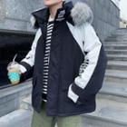Fluffy Trim Hooded Two-tone Jacket