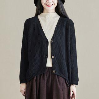 V-neck Plain Cardigan Black - One Size