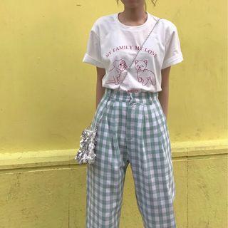 Cartoon Print Short-sleeve T-shirt / High Waist Plaid Straight-cut Pants