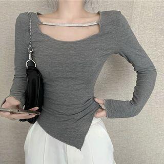 Long-sleeve Beaded Plain Top