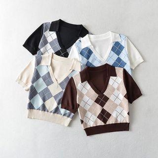 Short-sleeve V-neck Argyle Polo Shirt