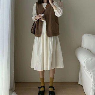 3/4-sleeve Midi A-line Dress / Button Vest / Set