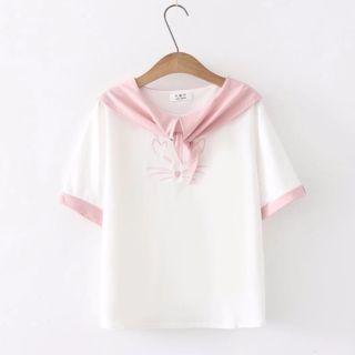 Color Block Cat Embroidered Short-sleeve T-shirt