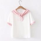 Color Block Cat Embroidered Short-sleeve T-shirt