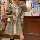 Sailor Collar Puff Sleeve Plaid A-line Dress Gray - One Size