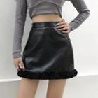 Fluffy Trim Croc Grain Faux Leather Mini A-line Skirt