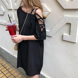 Plain Off-shoulder Loose-fit Short-sleeve Chiffon Dress