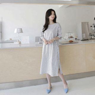 Elbow-sleeve Stripe Dress