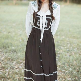 Set: Sailor Collar Chiffon Blouse + Midi Jumper Dress