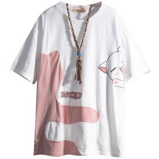 Short-sleeve Two-tone Cartoon Cat Print T-shirt