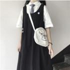 Short-sleeve Plain Shirt With Tie / Flower Pintuck Sleeveless Midi Dress