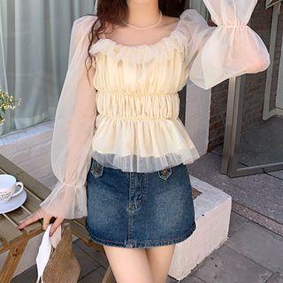 Long-sleeve Mesh Ruched Top White - One Size