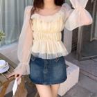 Long-sleeve Mesh Ruched Top White - One Size