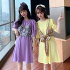Set: Short-sleeve A-line Mini T-shirt Dress + Spaghetti Strap Floral Print Top